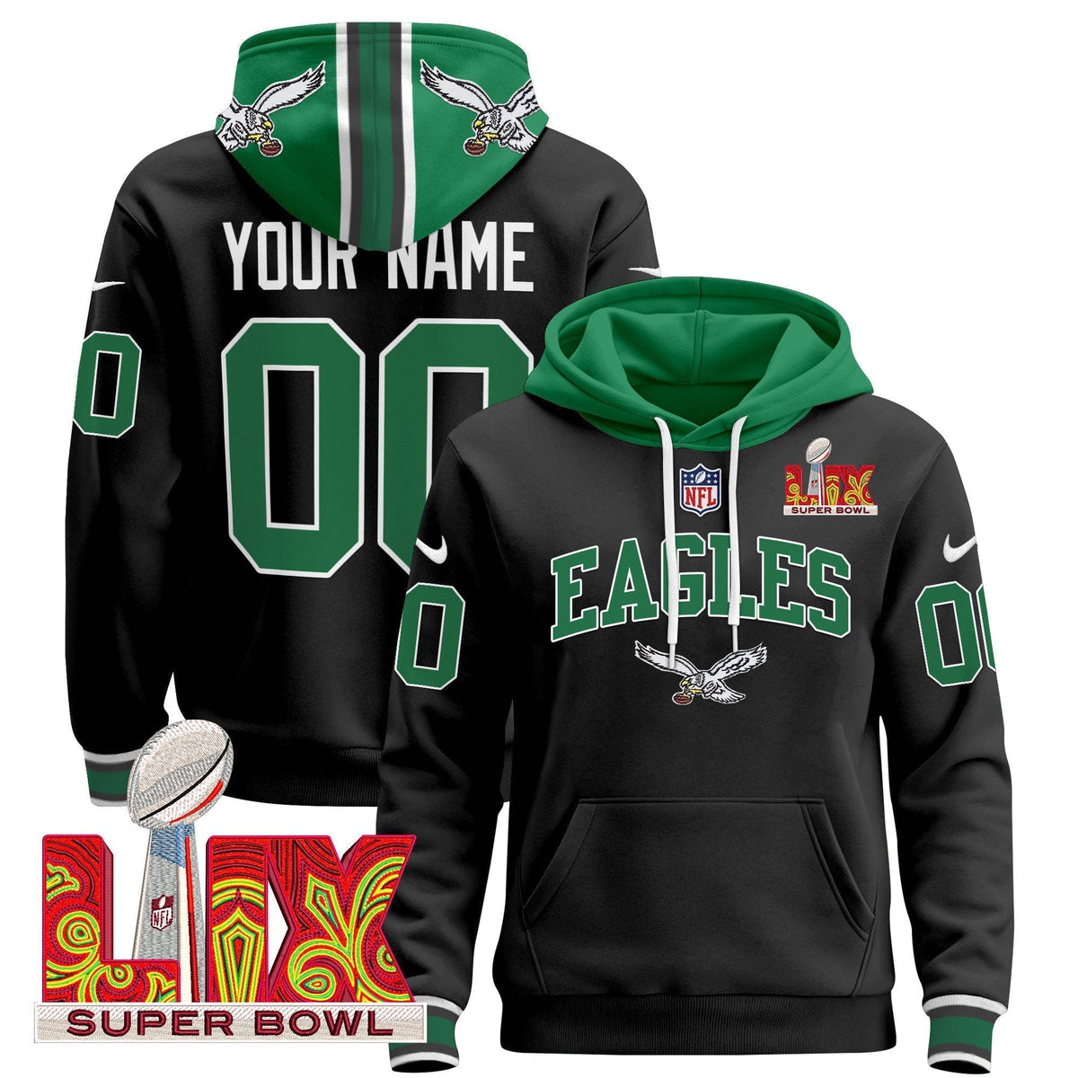 PHI Super Bowl LIX Patch Custom Pullover Hoodie - Stitched