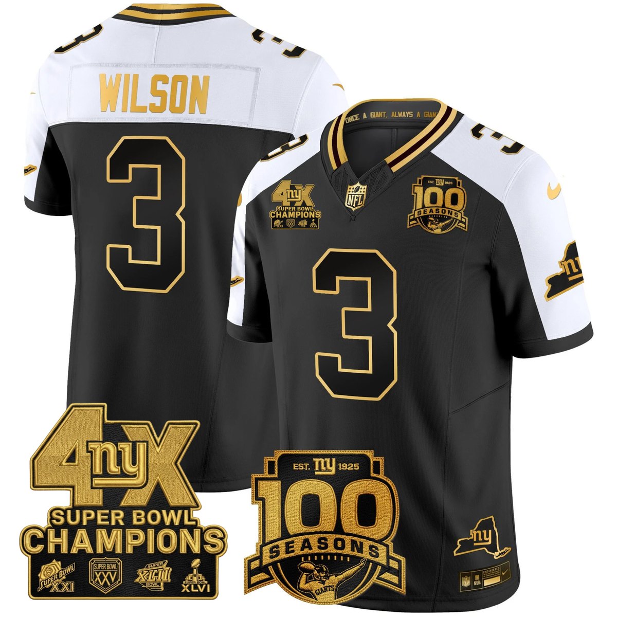 NYG 4X Champions & 100th Season Patch Vapor Limited Gold Jersey - Stitched-NQD