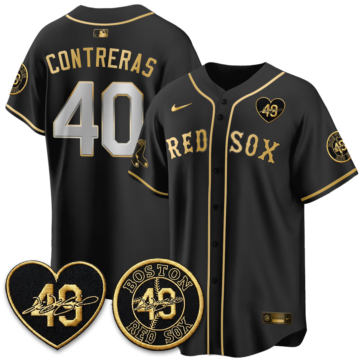 BOS Tim Wakefield Memorial Patch Limited Black Gold Jersey - Stitched