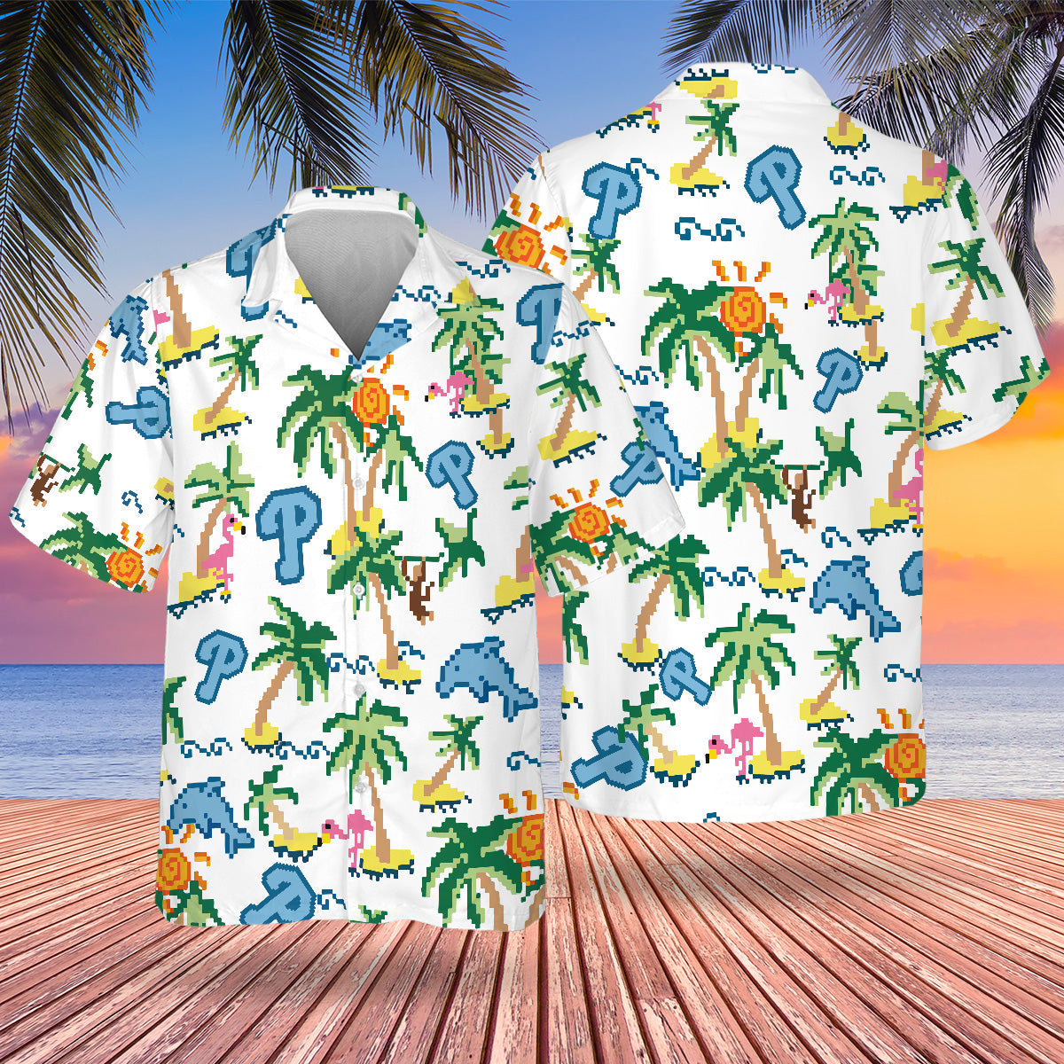 PHI Pixel Hawaiian Design Button Shirt