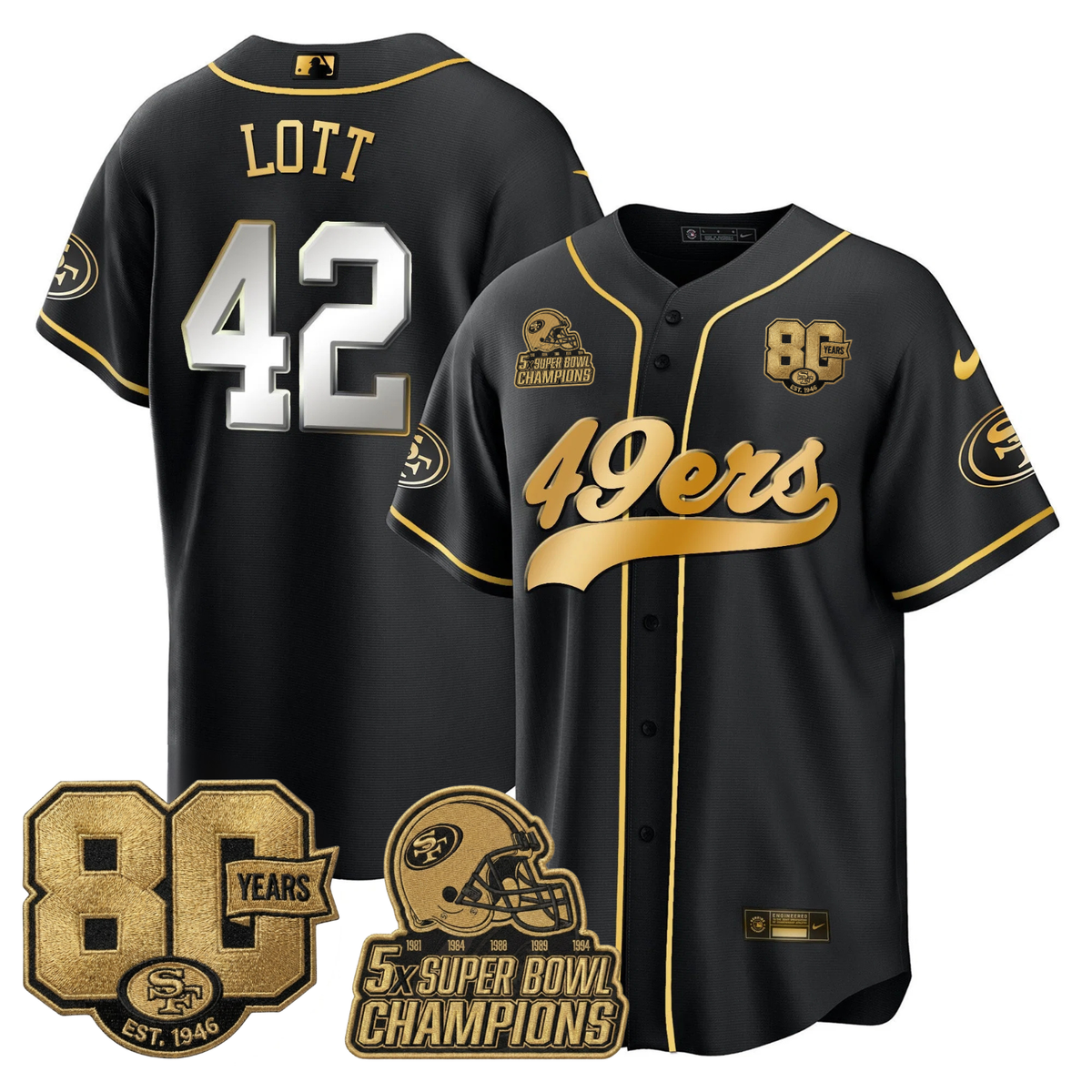 SF 80 Years & 5X Champs Patch Black Gold Baseball Jersey - Stitched