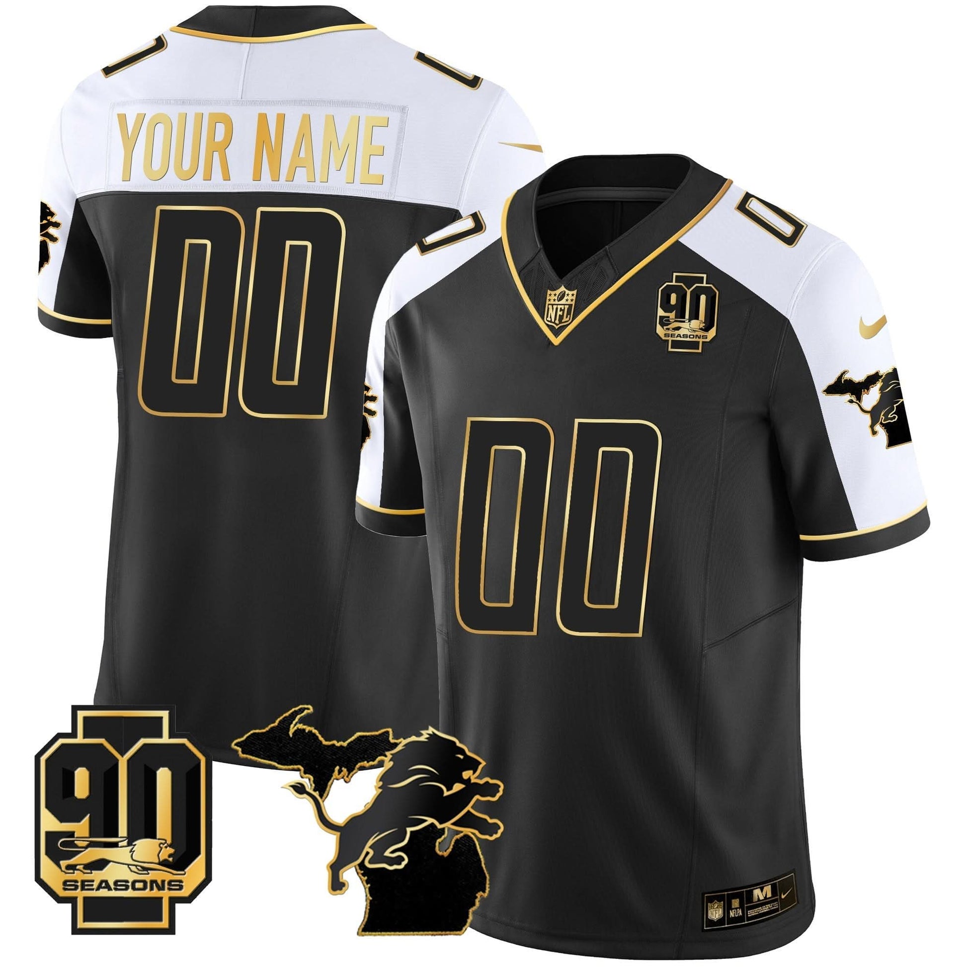 DET 90th Year & Michigan Patch Gold Vapor Custom Jersey - All Stitched
