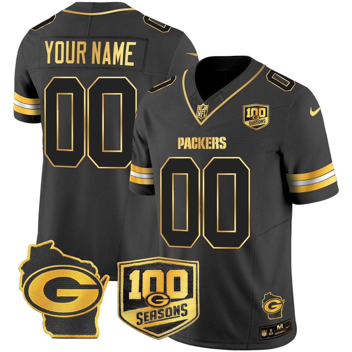 Green Bay Packers 100th Season & Home Patch Gold Vapor Limited Custom Jersey – All Stitched