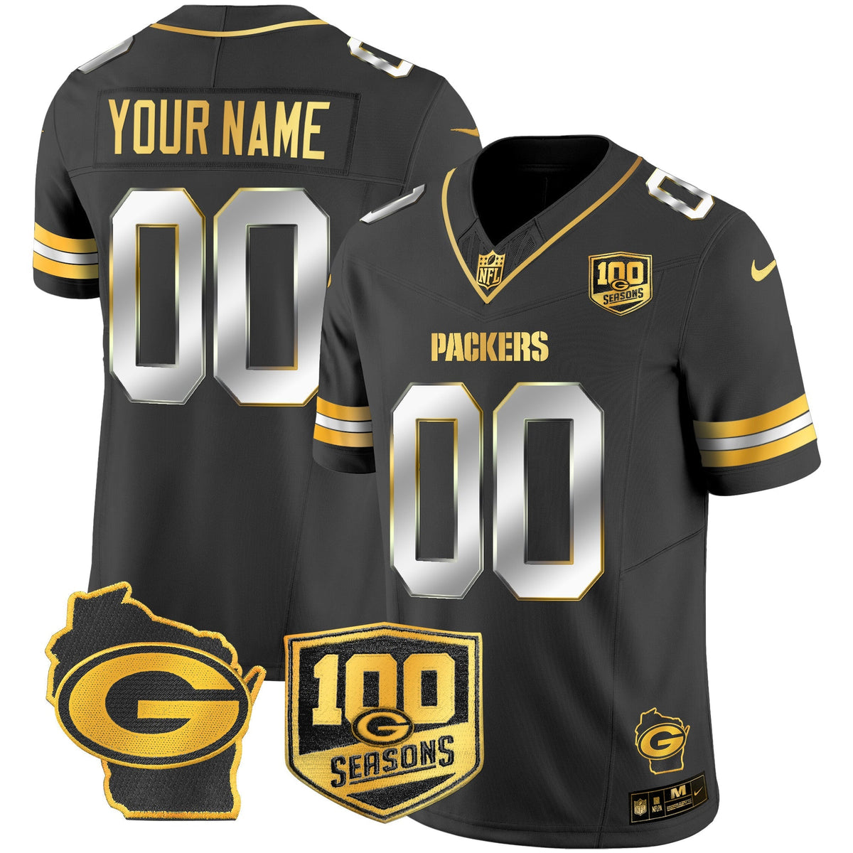 Green Bay Packers 100th Season & Home Patch Gold Vapor Limited Custom Jersey – All Stitched