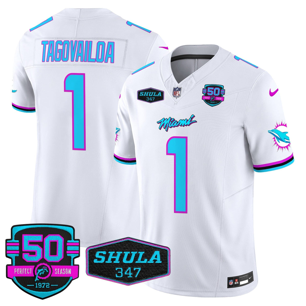 Dolphins "Miami Vice" Shula 347 & 50th Perfect Season Patch Vapor Limited Jersey  - All Stitched
