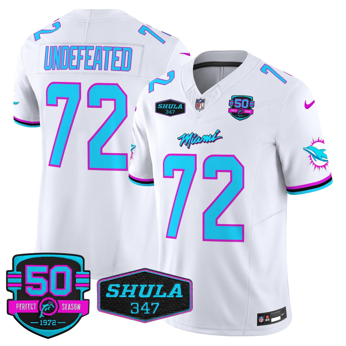 Dolphins "Miami Vice" Shula 347 & 50th Perfect Season Patch Vapor Limited Jersey  - All Stitched