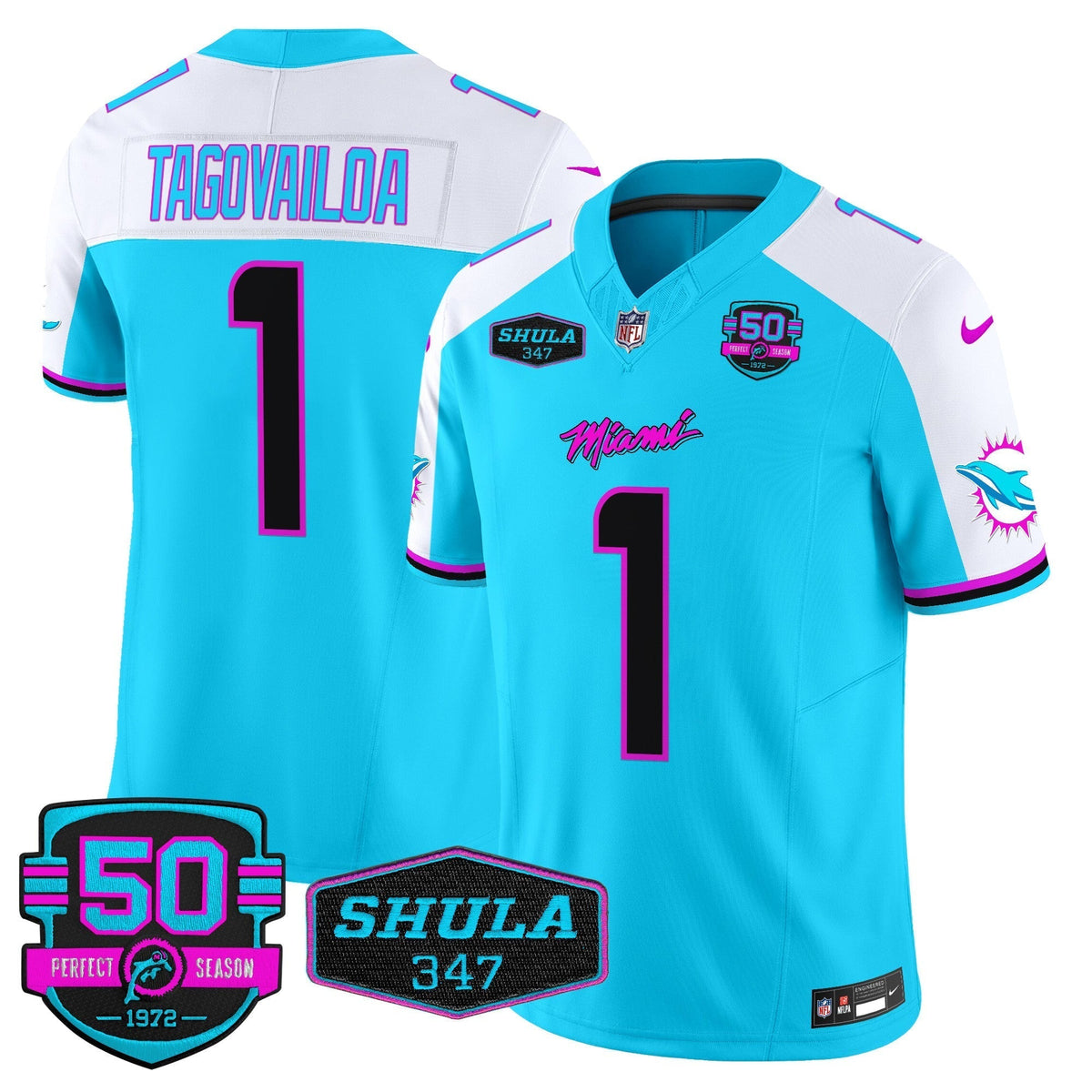 Dolphins "Miami Vice" Shula 347 & 50th Perfect Season Patch Vapor Limited Jersey  - All Stitched