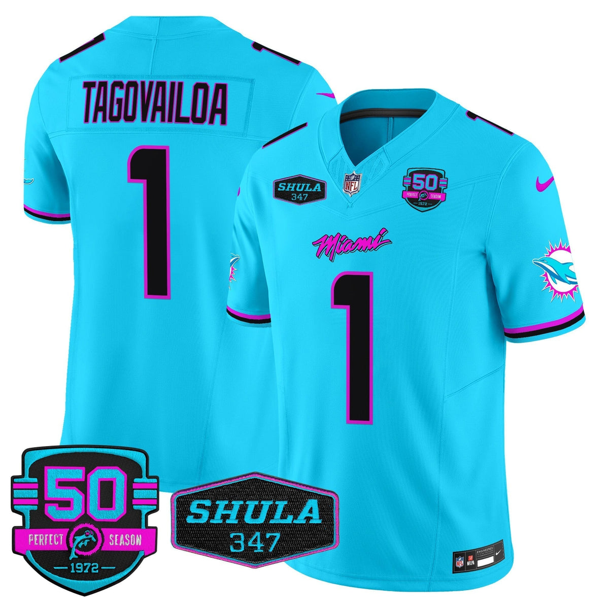 Dolphins "Miami Vice" Shula 347 & 50th Perfect Season Patch Vapor Limited Jersey  - All Stitched