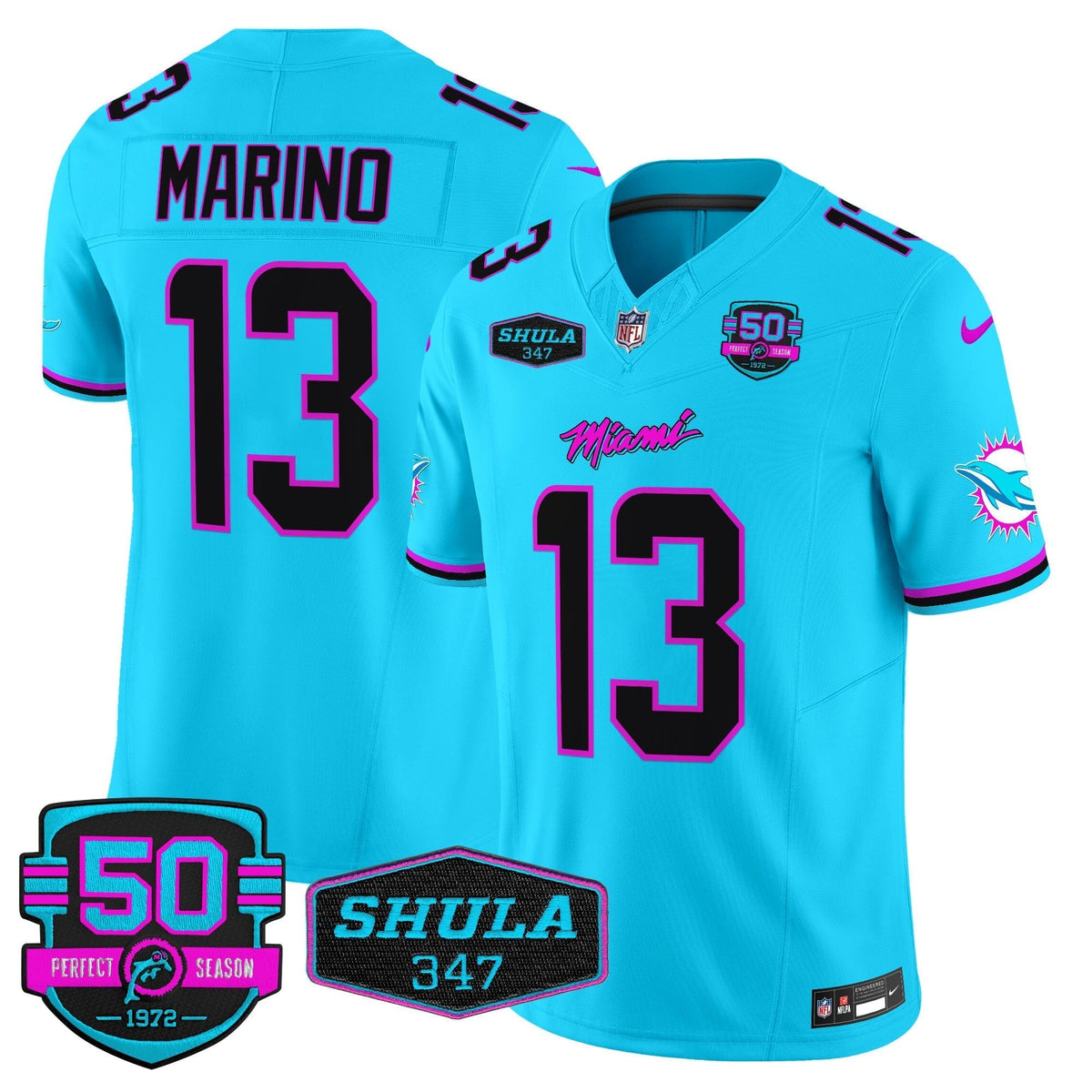 Dolphins "Miami Vice" Shula 347 & 50th Perfect Season Patch Vapor Limited Jersey  - All Stitched