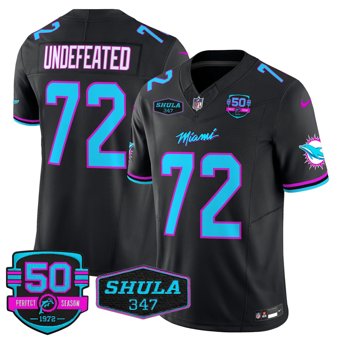 Dolphins "Miami Vice" Shula 347 & 50th Perfect Season Patch Vapor Limited Jersey  - All Stitched