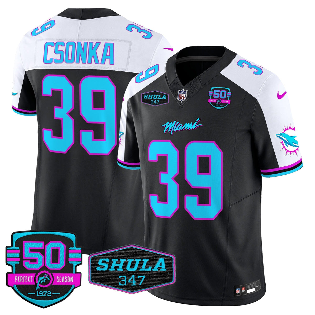 Dolphins "Miami Vice" Shula 347 & 50th Perfect Season Patch Vapor Limited Jersey  - All Stitched