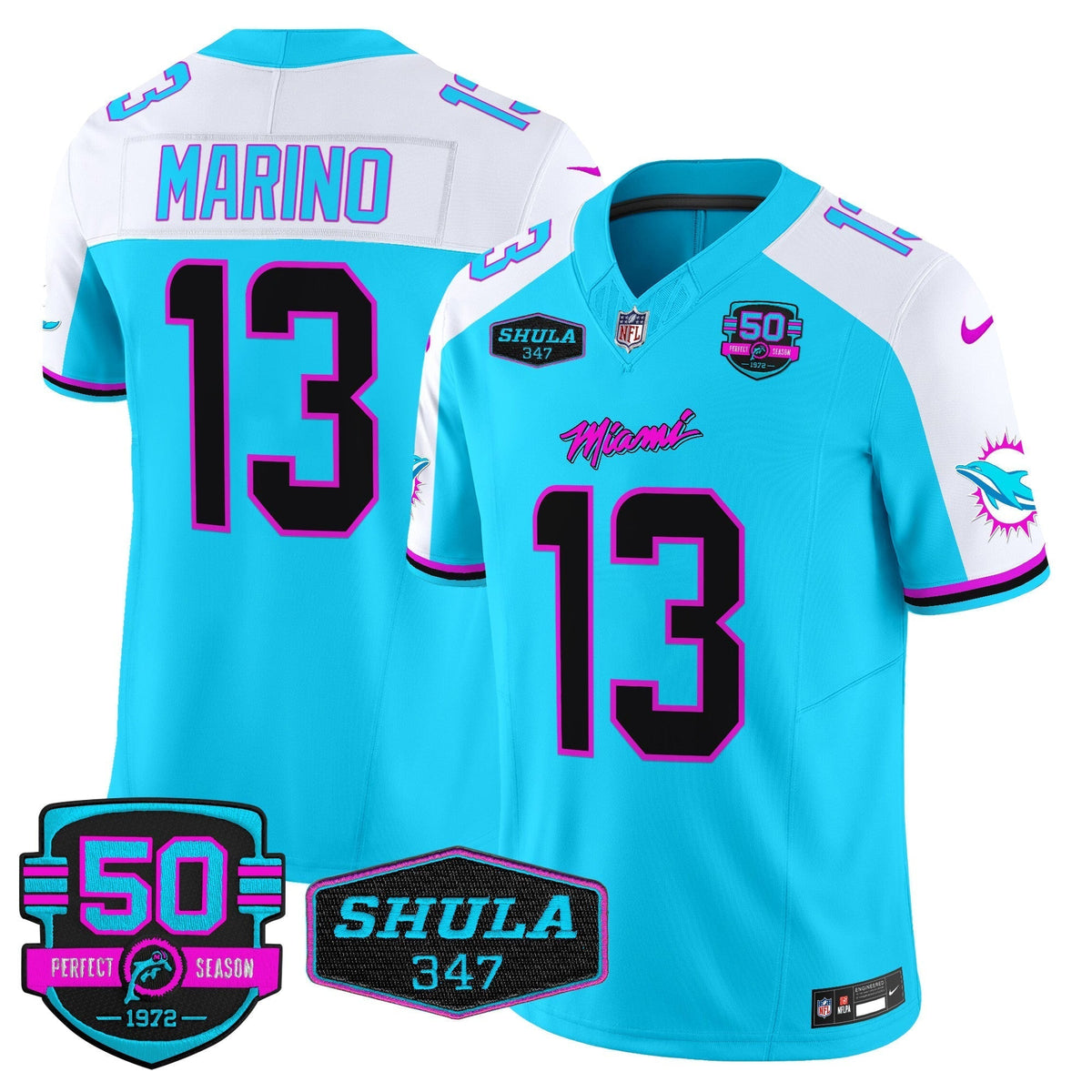 Dolphins "Miami Vice" Shula 347 & 50th Perfect Season Patch Vapor Limited Jersey  - All Stitched