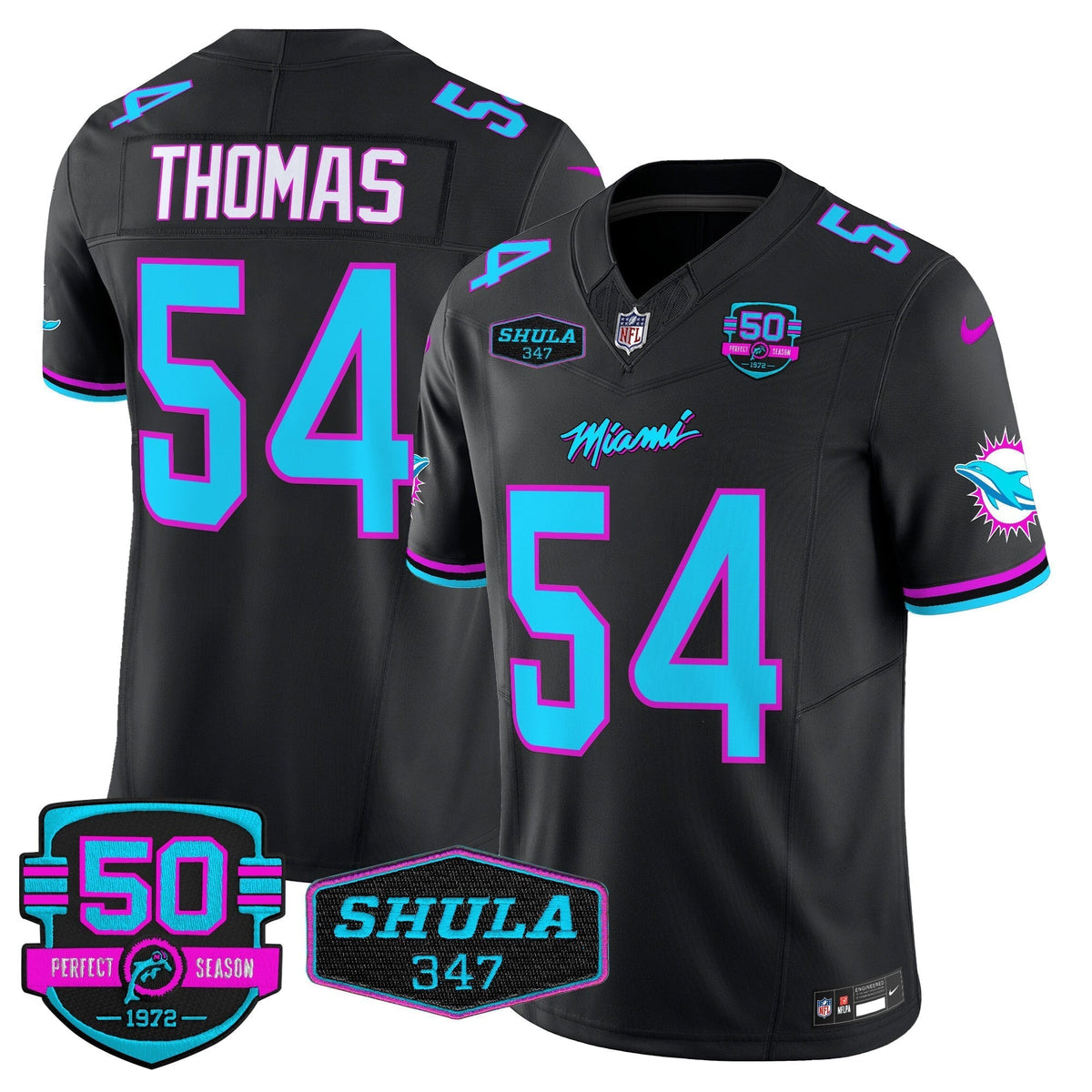 Dolphins "Miami Vice" Shula 347 & 50th Perfect Season Patch Vapor Limited Jersey  - All Stitched