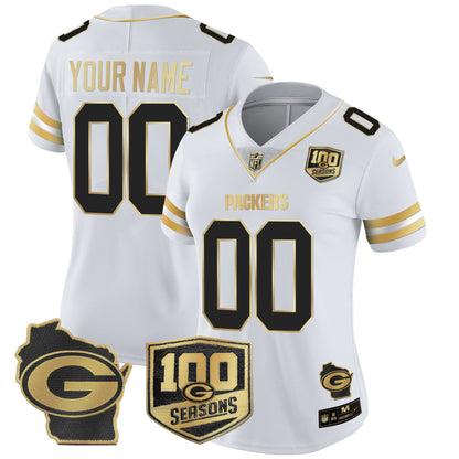 Green Bay Packers 100th Season & Home Patch Gold Vapor Limited Custom Jersey – All Stitched