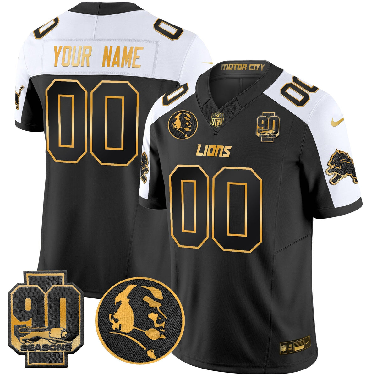 Detroit Lions 2024 90th & John Madden Patch Gold Vapor Limited Custom Jersey V2 - All Stitched