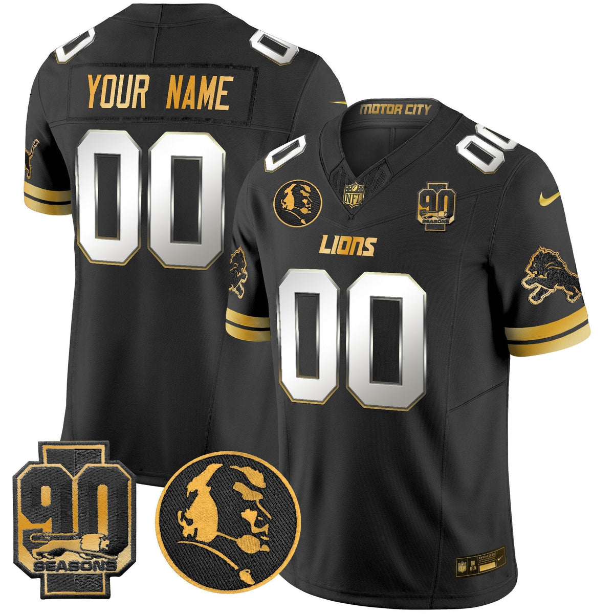 Detroit Lions 2024 90th & John Madden Patch Gold Vapor Limited Custom Jersey V2 - All Stitched