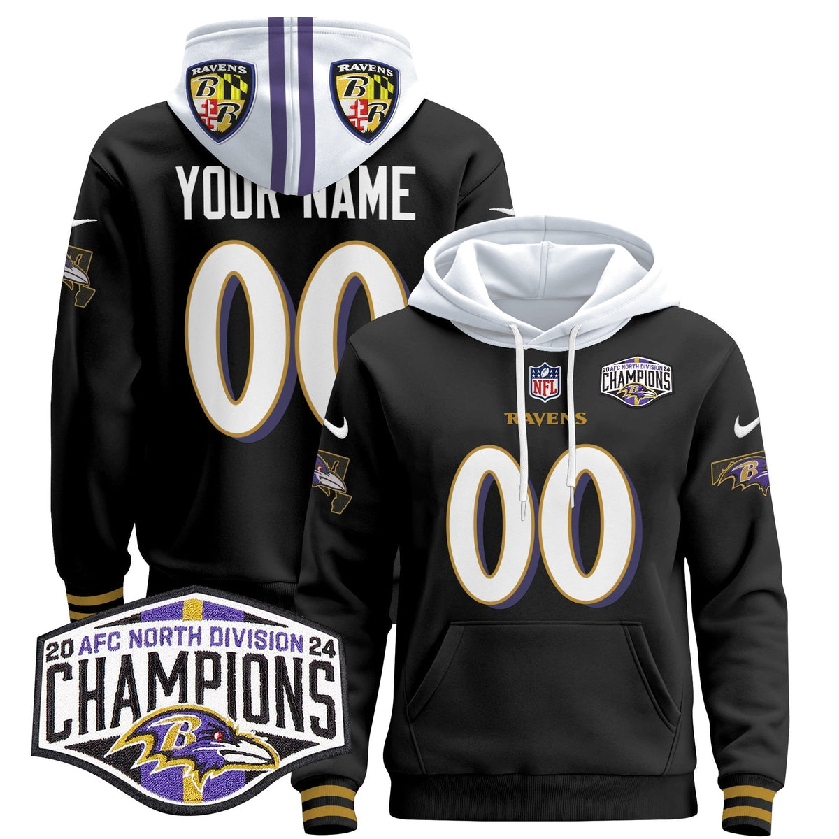 BAL 2024 AFC North Division Champions Patch Custom Pullover Hoodie V2 - Stitched