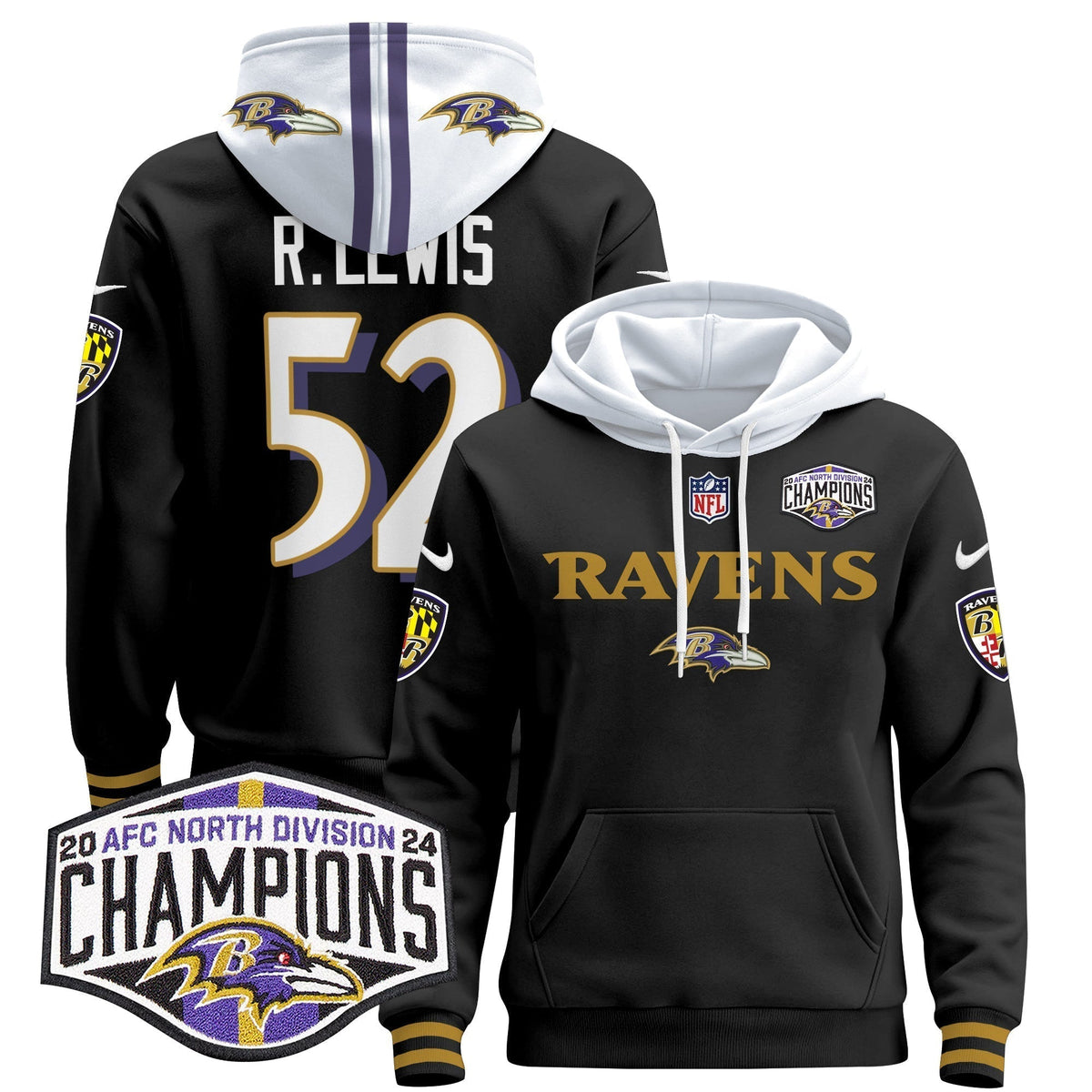 BAL 2024 AFC North Division Champions Patch Pullover Hoodie - Stitched