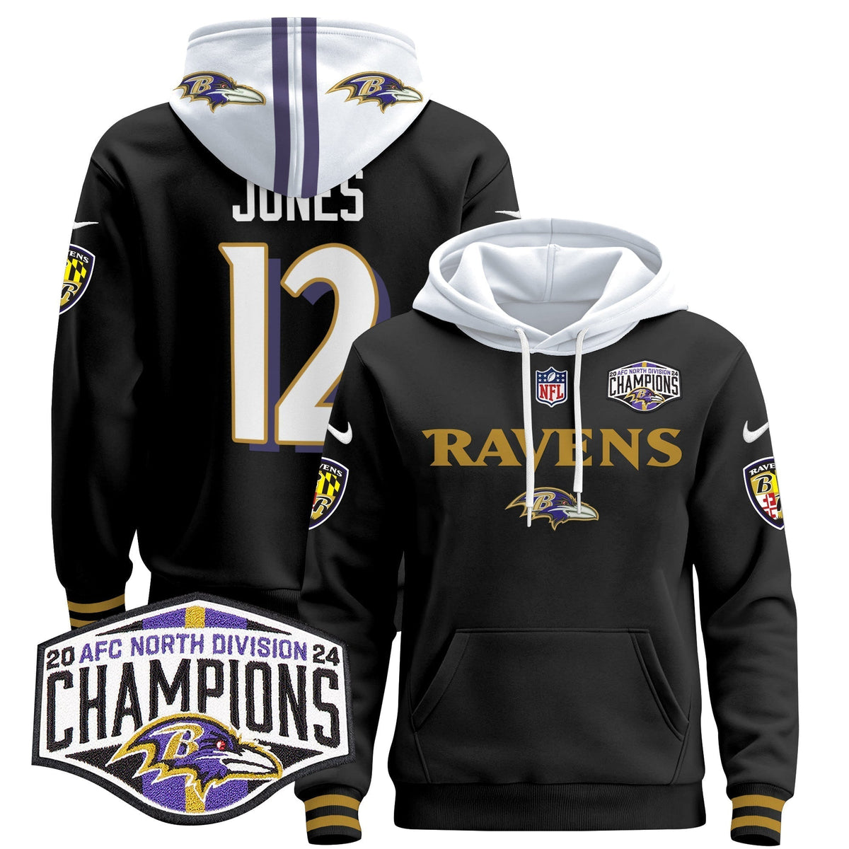 BAL 2024 AFC North Division Champions Patch Pullover Hoodie - Stitched