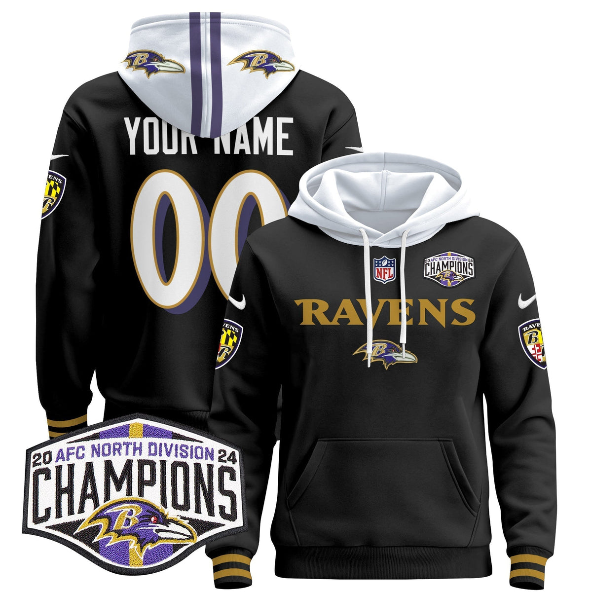 BAL 2024 AFC North Division Champions Patch Custom Pullover Hoodie - Stitched