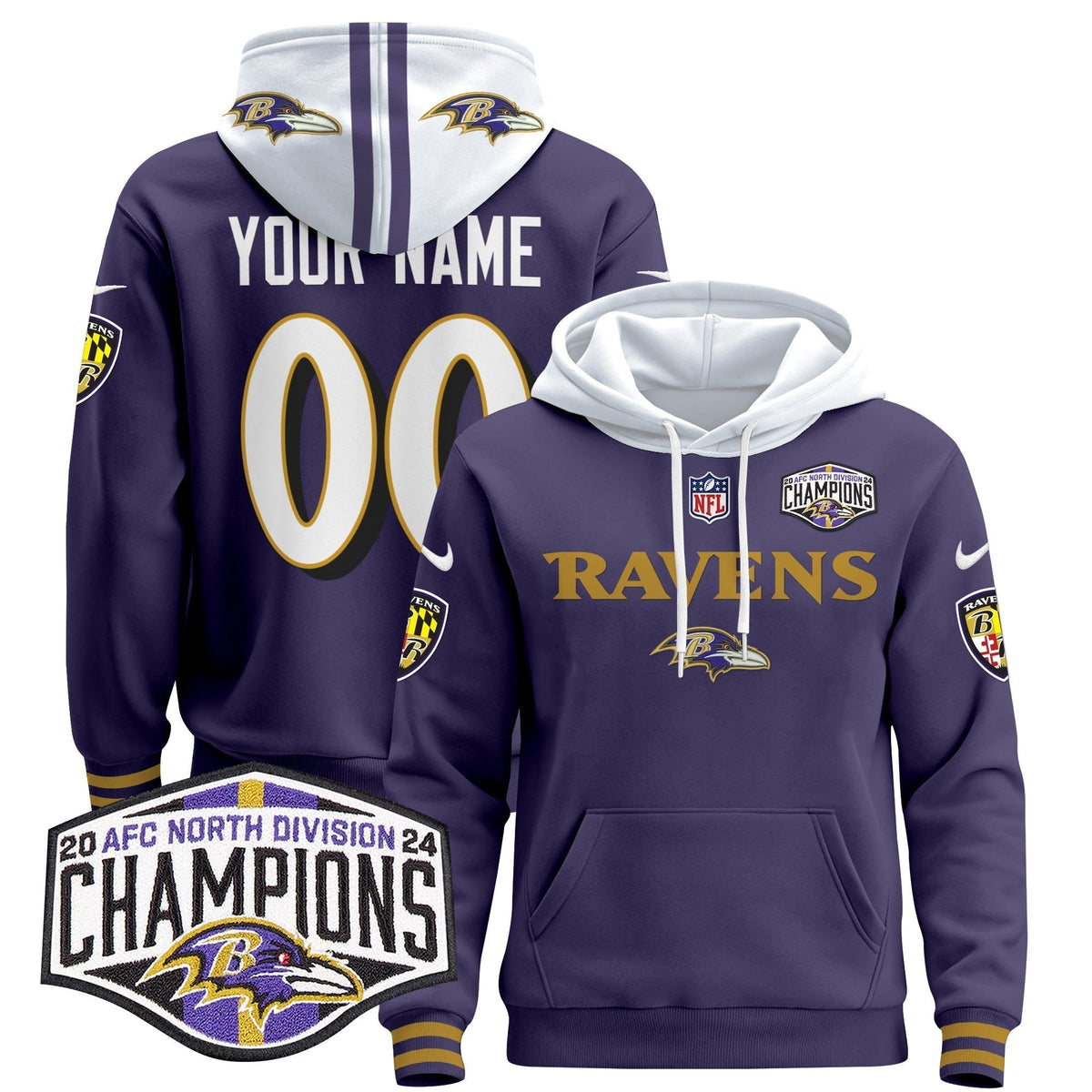 BAL 2024 AFC North Division Champions Patch Custom Pullover Hoodie - Stitched