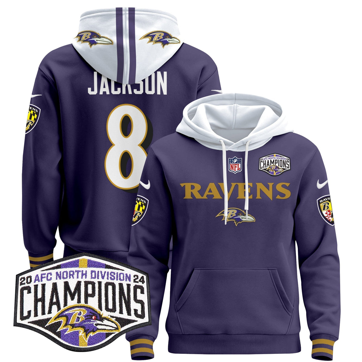 BAL 2024 AFC North Division Champions Patch Pullover Hoodie - Stitched