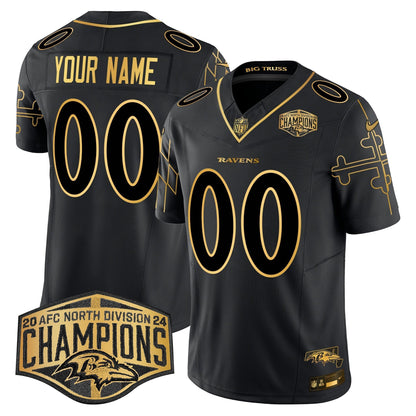 Ravens Maryland Flag Map 2024 AFC North Division Champions Patch Gold Vapor Limited Custom Jersey - Stitched