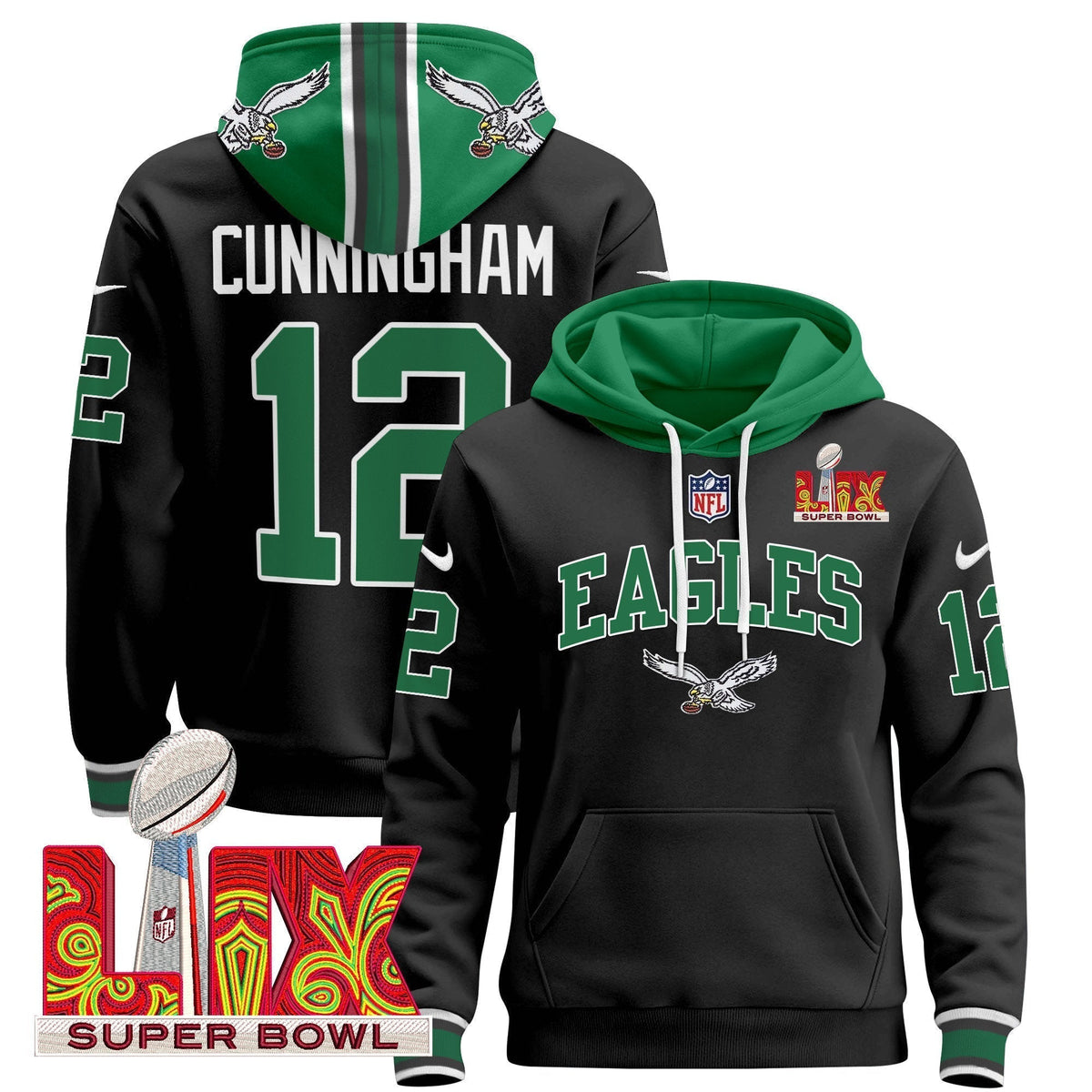 PHI Super Bowl LIX Patch Pullover Hoodie - Stitched