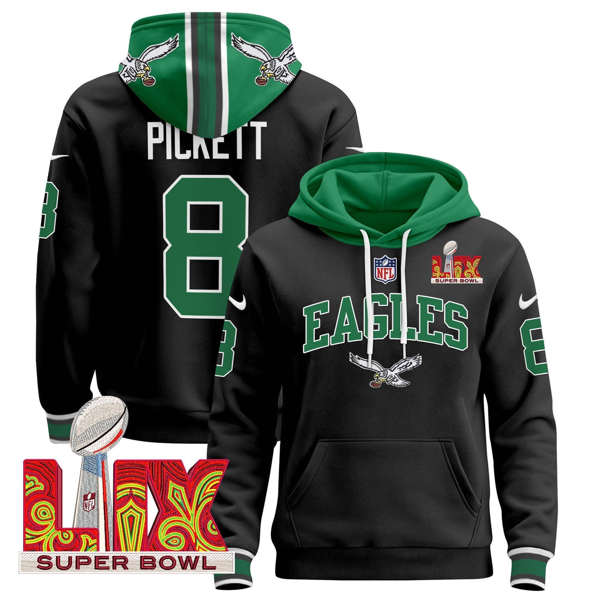 PHI Super Bowl LIX Patch Pullover Hoodie - Stitched