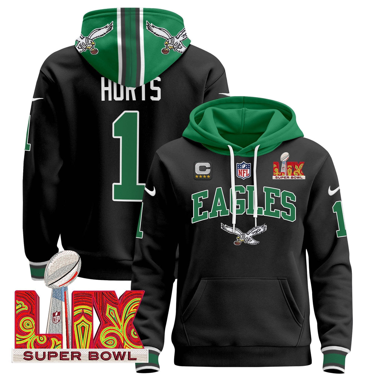 PHI Super Bowl LIX Patch Pullover Hoodie - Stitched