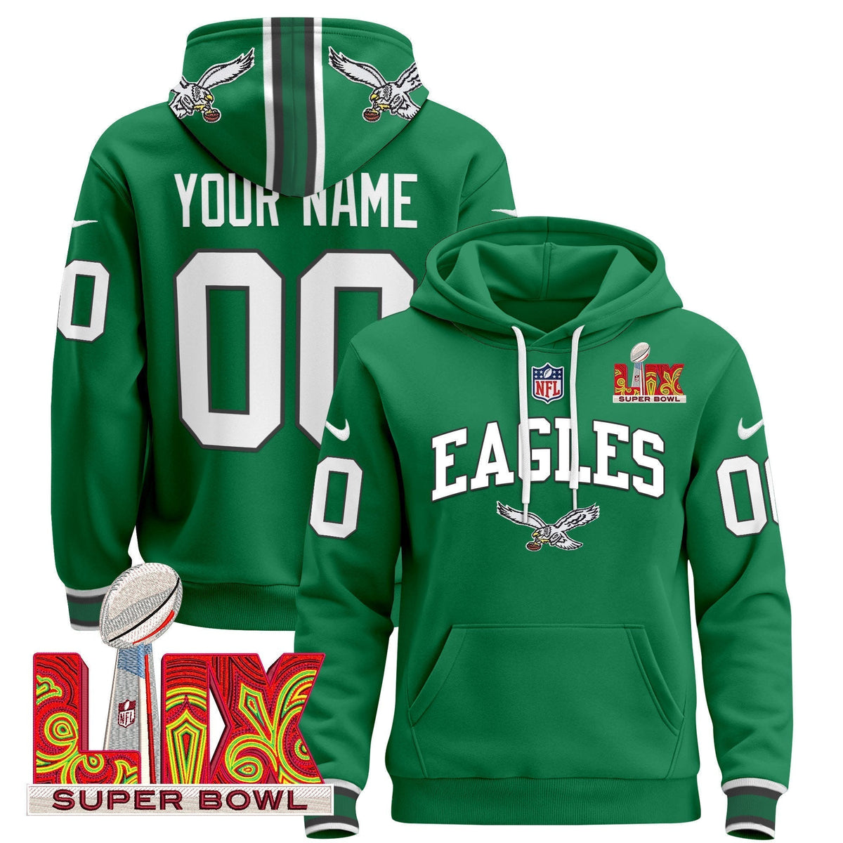 PHI Super Bowl LIX Patch Custom Pullover Hoodie - Stitched