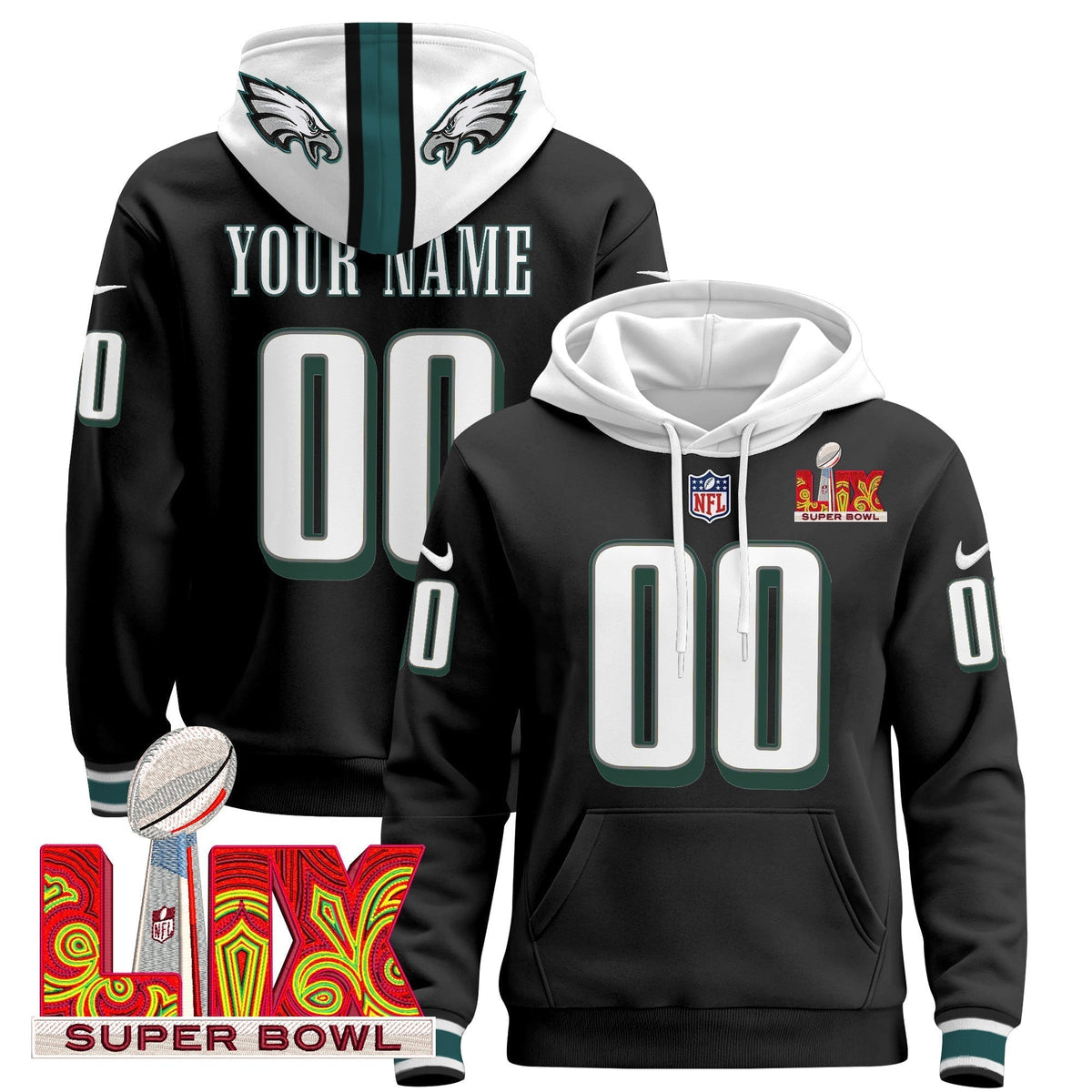 PHI Super Bowl LIX Patch Custom Pullover Hoodie - Stitched