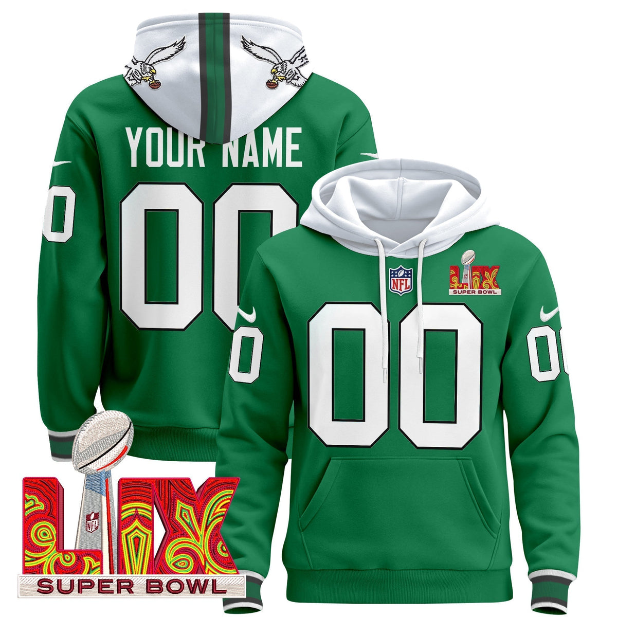 PHI Super Bowl LIX Patch Custom Pullover Hoodie - Stitched