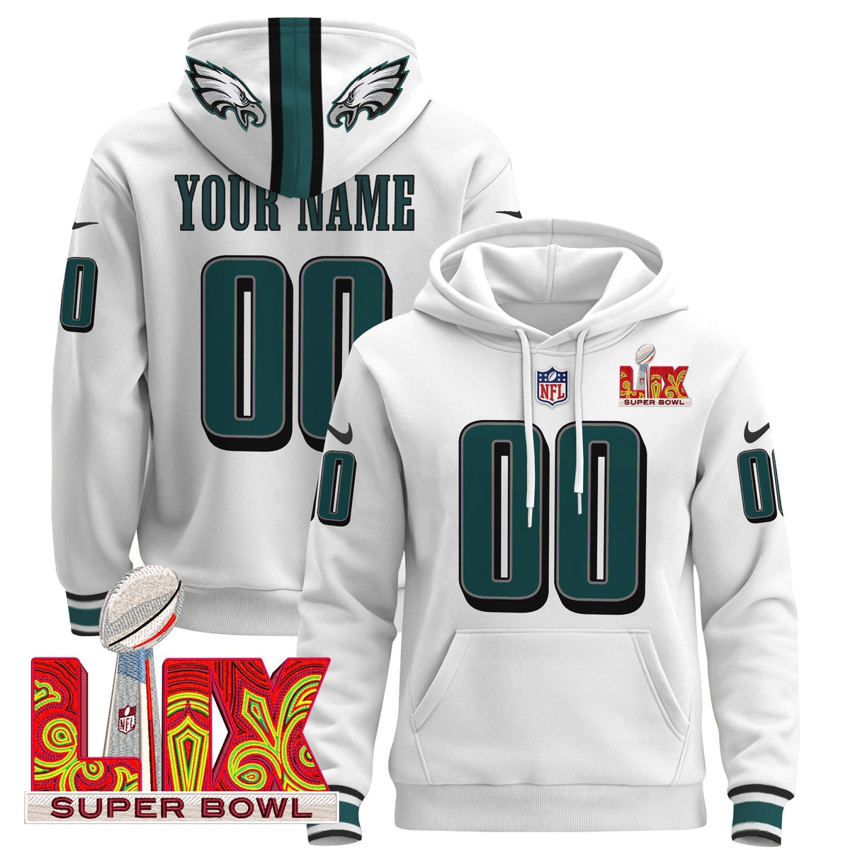 PHI Super Bowl LIX Patch Custom Pullover Hoodie - Stitched