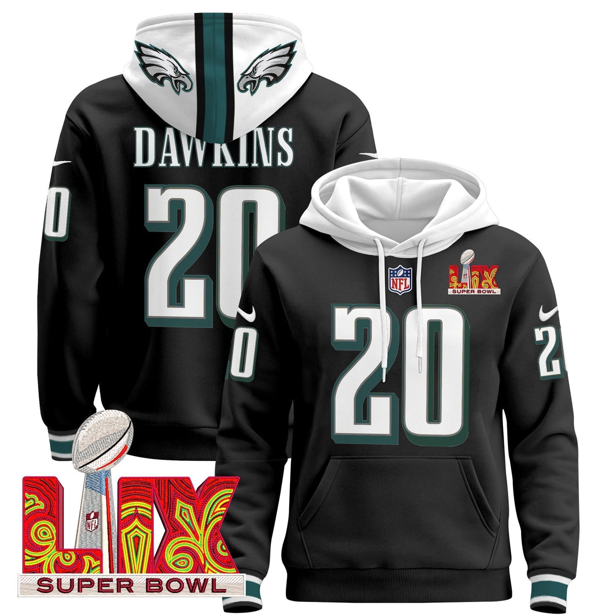 PHI Super Bowl LIX Patch Pullover Hoodie - Stitched