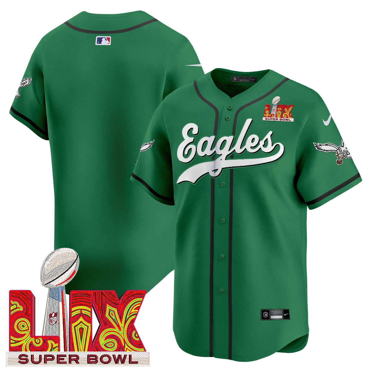 PHI Midnight Green Super Bowl LIX Vapor Baseball Jersey - Stitched