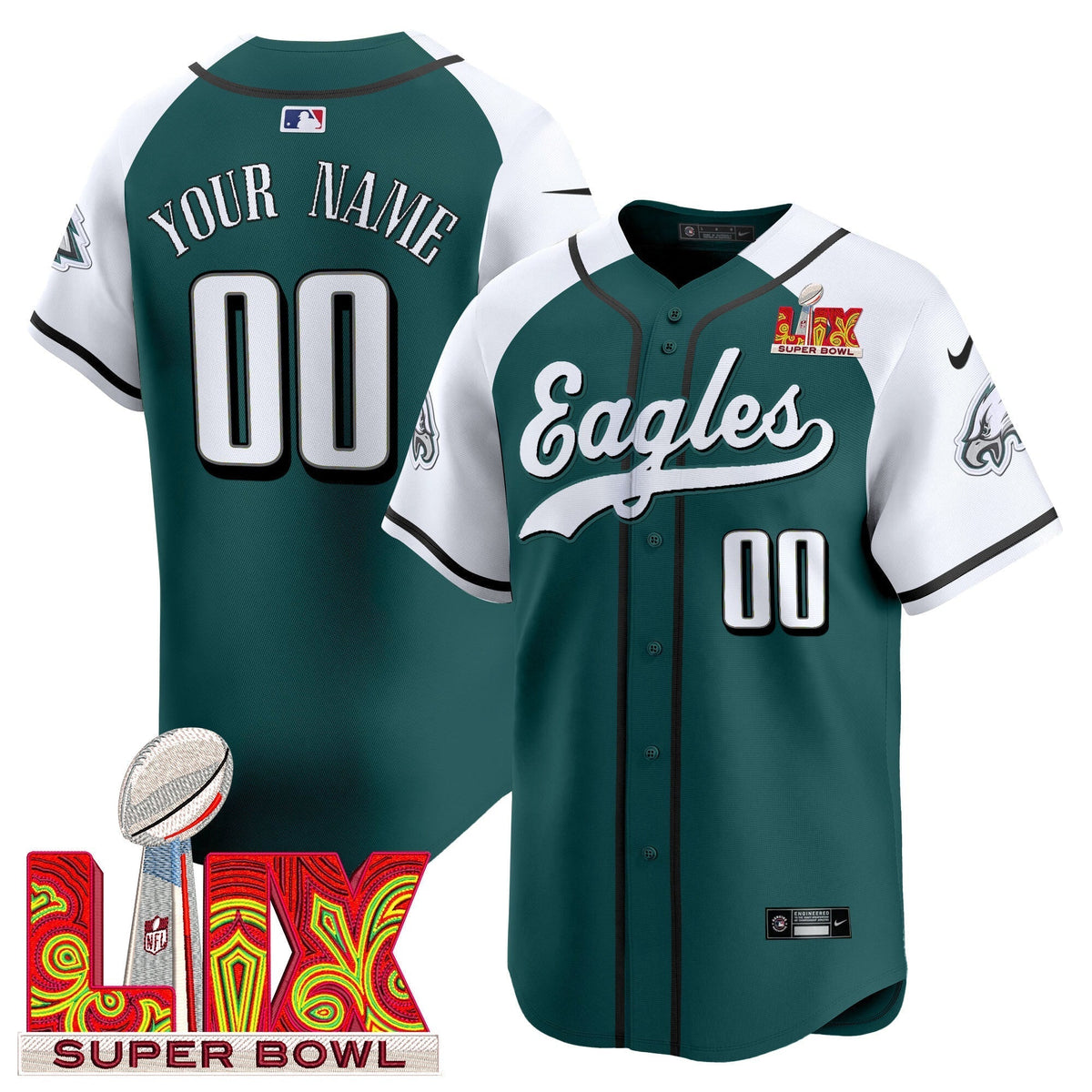PHI Midnight Green Super Bowl LIX Vapor Baseball Custom Jersey - Stitched