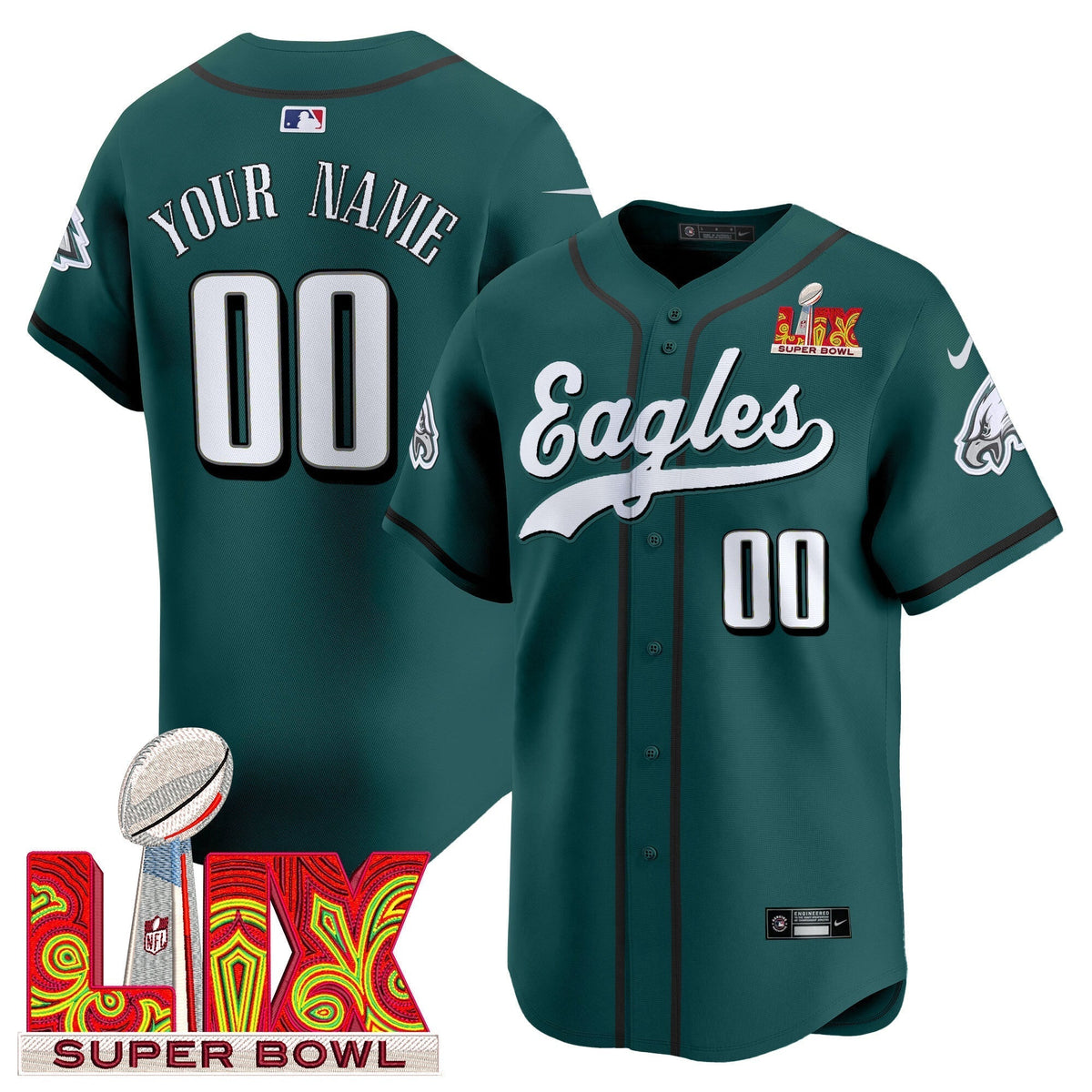 PHI Midnight Green Super Bowl LIX Vapor Baseball Custom Jersey - Stitched