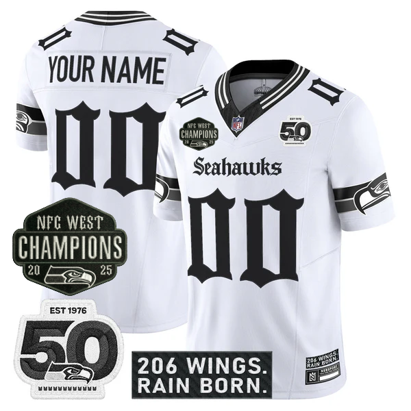 Custom SEA 2026 NFC West Champions 'Gothic Rain City Shadows Edition' Jersey - 50th Anniversary Patch - Stitched