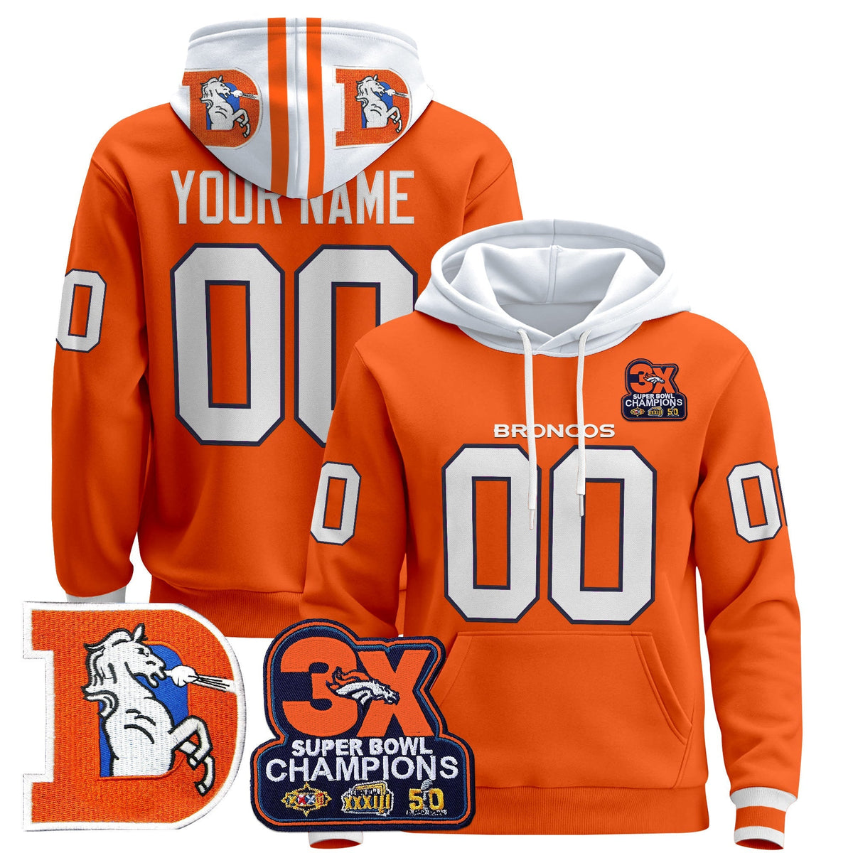 Denver Broncos Throwback Premium Custom Pullover Hoodie - All Stitched