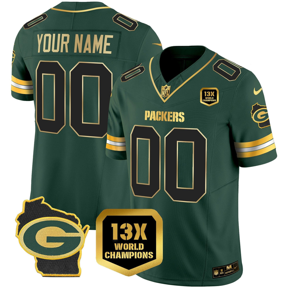 Green Bay Packers 13x Time World Champions Patch Gold Limited Custom Jersey – All Stitched