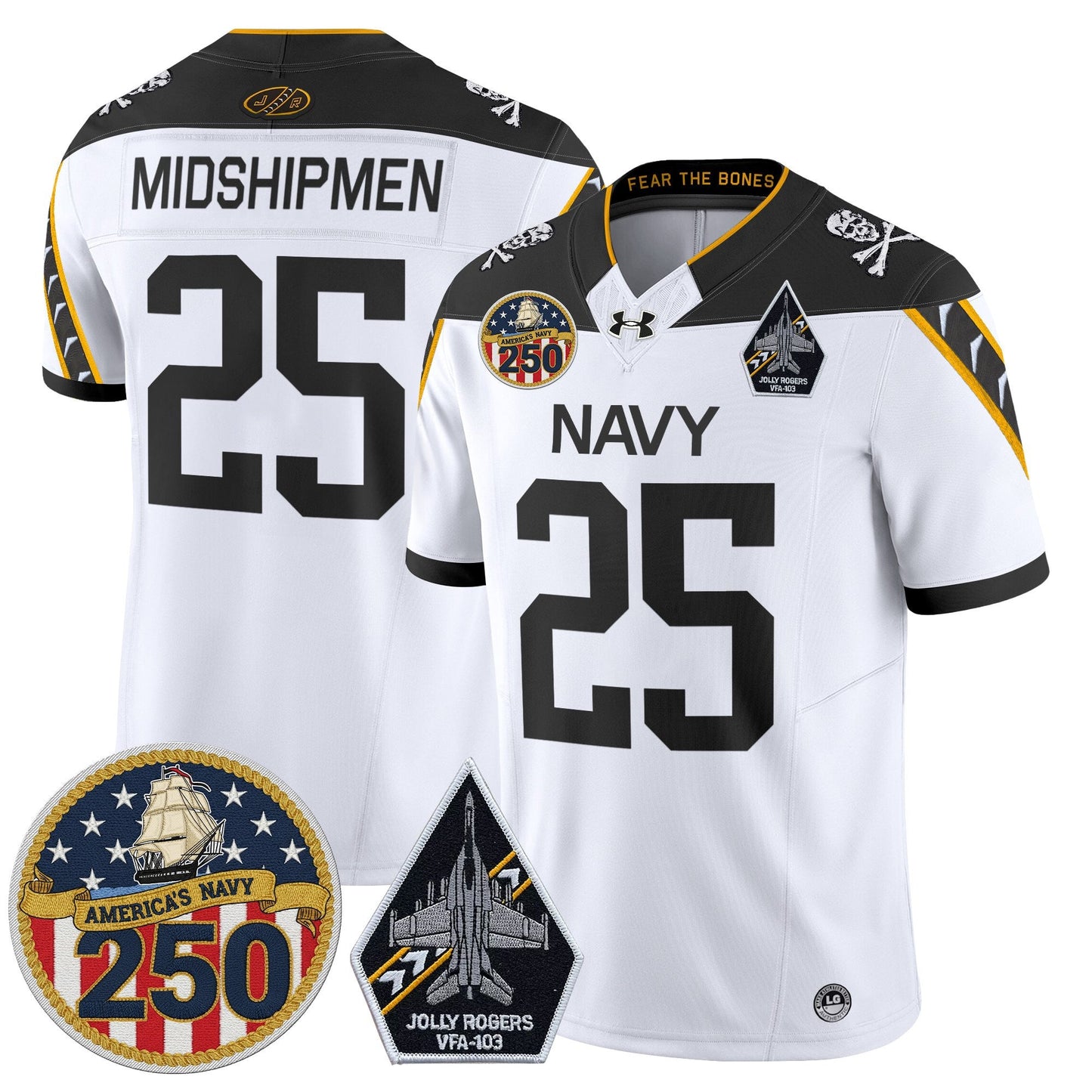 Men's Navy Midshipmen 'Jolly Rogers Edition' Vapor Limited Jersey - 250th Anniversary Patch - All Stitched