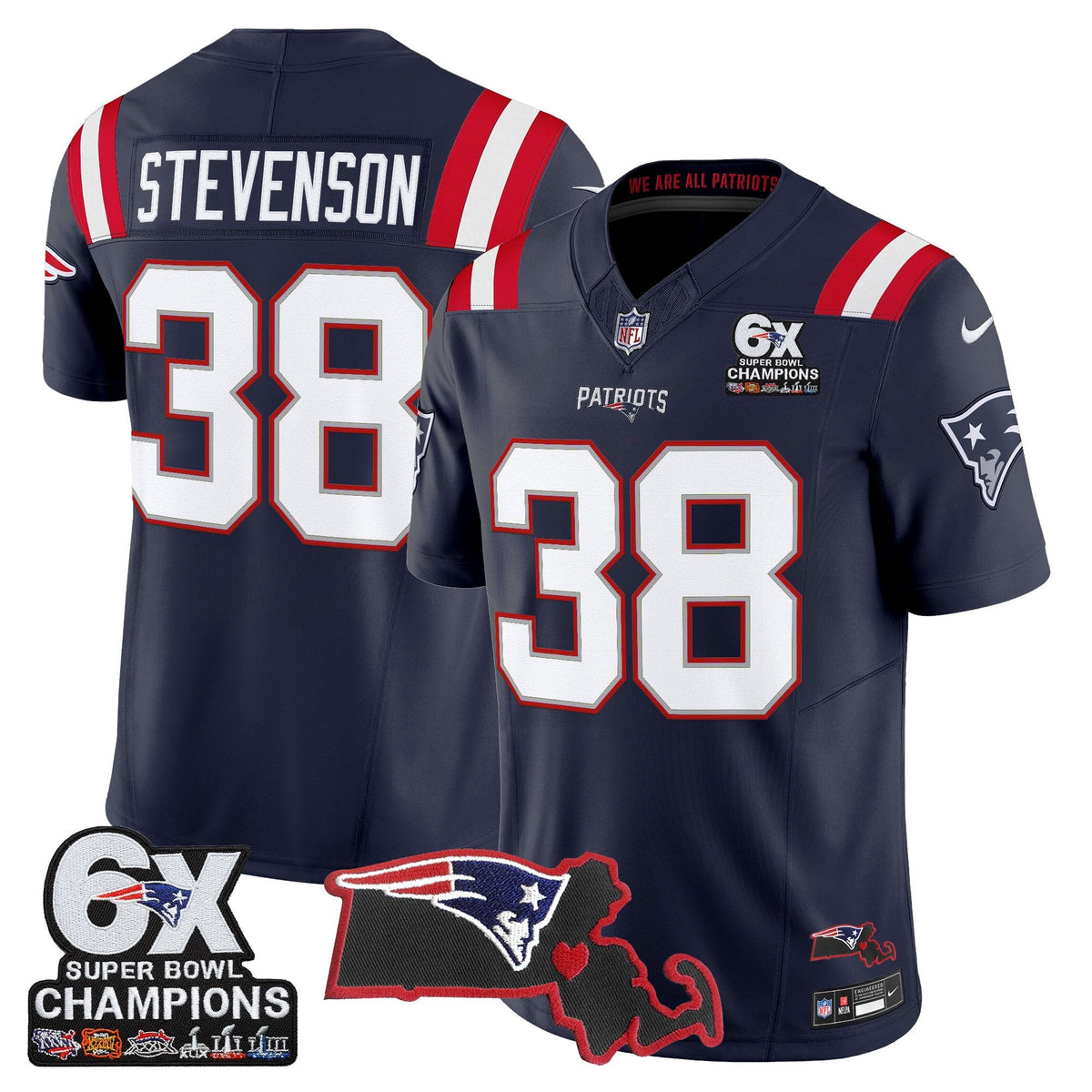 Men's New England Patriots 6-Time Champions & Massachusetts Patch Vapor Limited Jersey - All Stitched