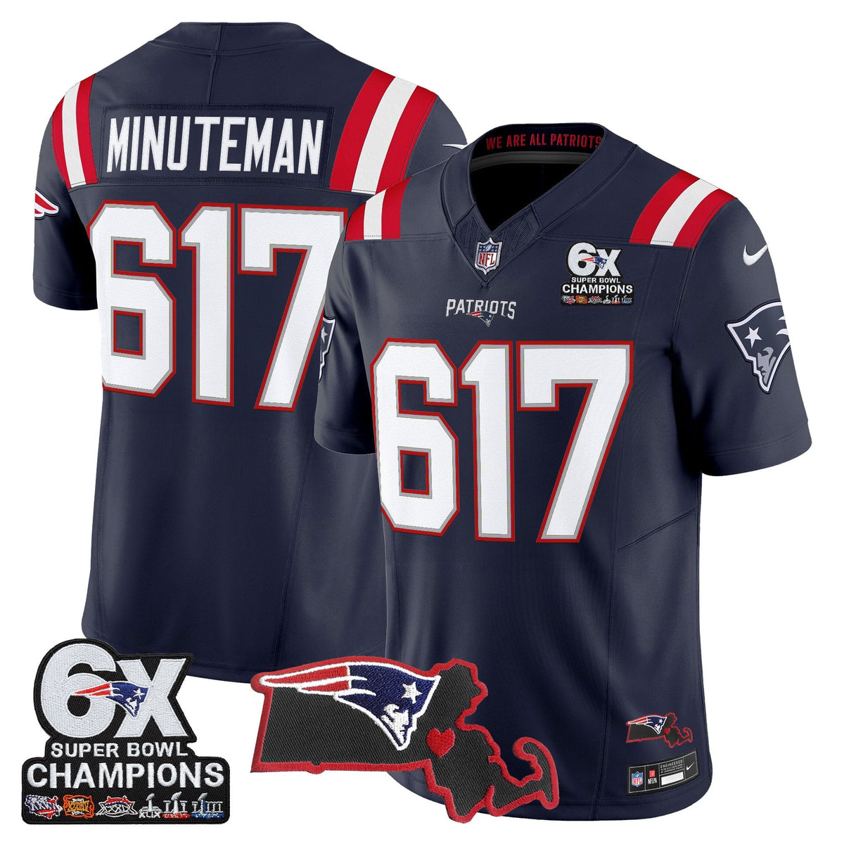 Men's New England Patriots 6-Time Champions & Massachusetts Patch Vapor Limited Jersey - All Stitched