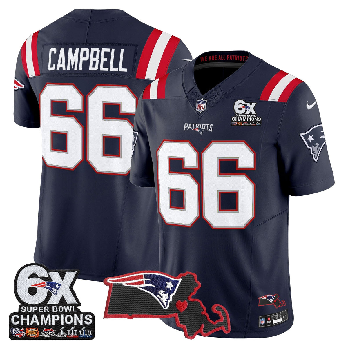 Men's New England Patriots 6-Time Champions & Massachusetts Patch Vapor Limited Jersey - All Stitched