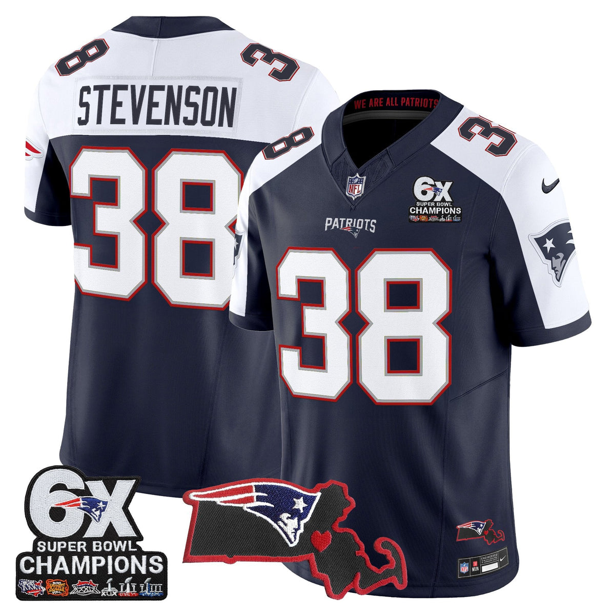 Men's New England Patriots 6-Time Champions & Massachusetts Patch Vapor Limited Jersey - All Stitched