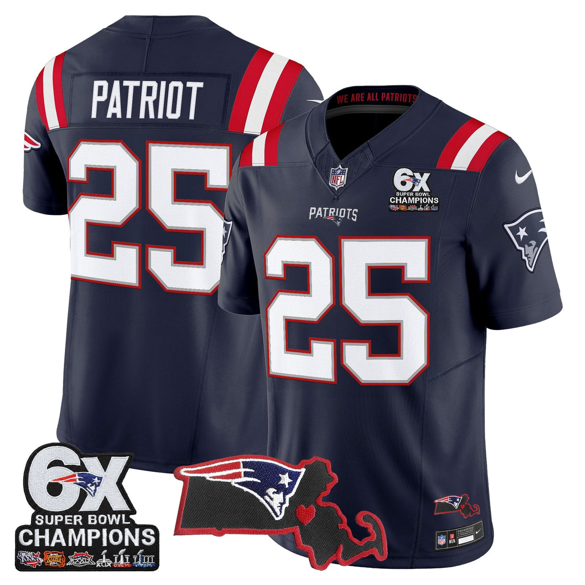 Men's New England Patriots 6-Time Champions & Massachusetts Patch Vapor Limited Jersey - All Stitched