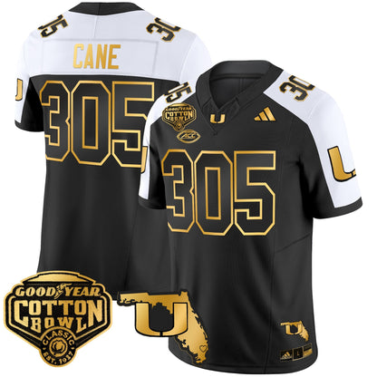 Men's Miami Hurricanes 2025/26 Cotton Bowl & Florida Patch Gold Vapor Limited Jersey - All Stitched