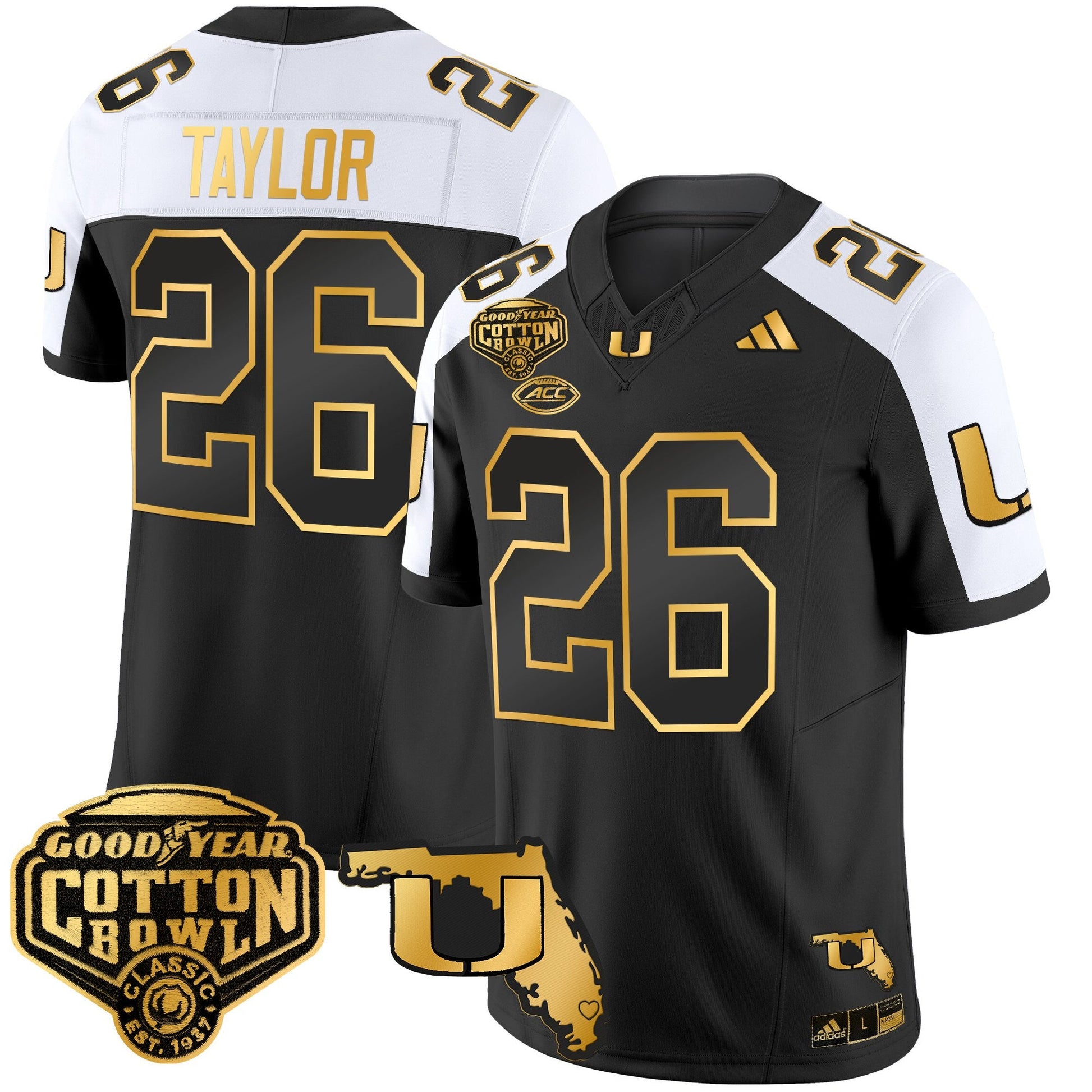 Men's Miami Hurricanes 2025/26 Cotton Bowl & Florida Patch Gold Vapor Limited Jersey - All Stitched