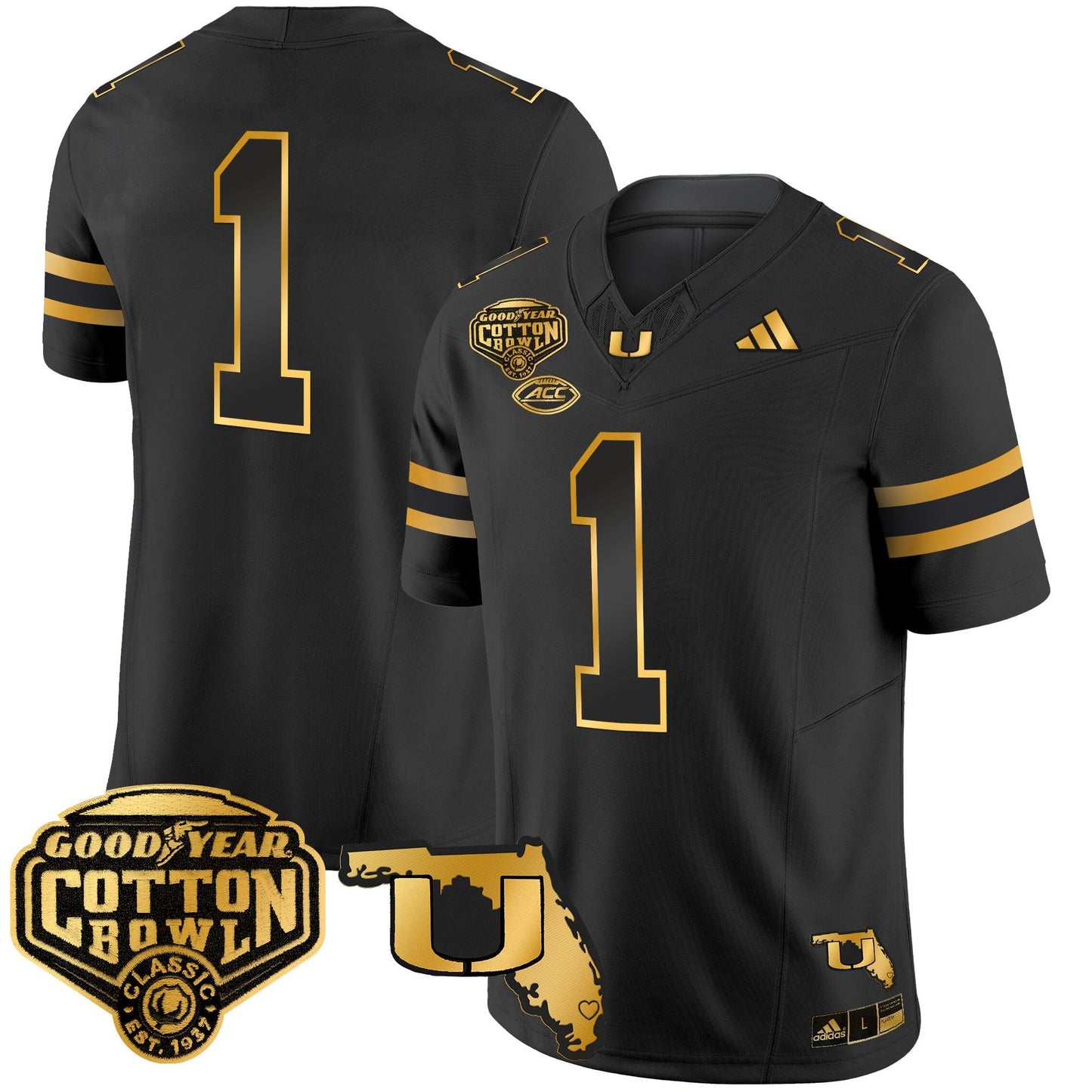 Men's Miami Hurricanes 2025/26 Cotton Bowl & Florida Patch Gold Vapor Limited Jersey - All Stitched